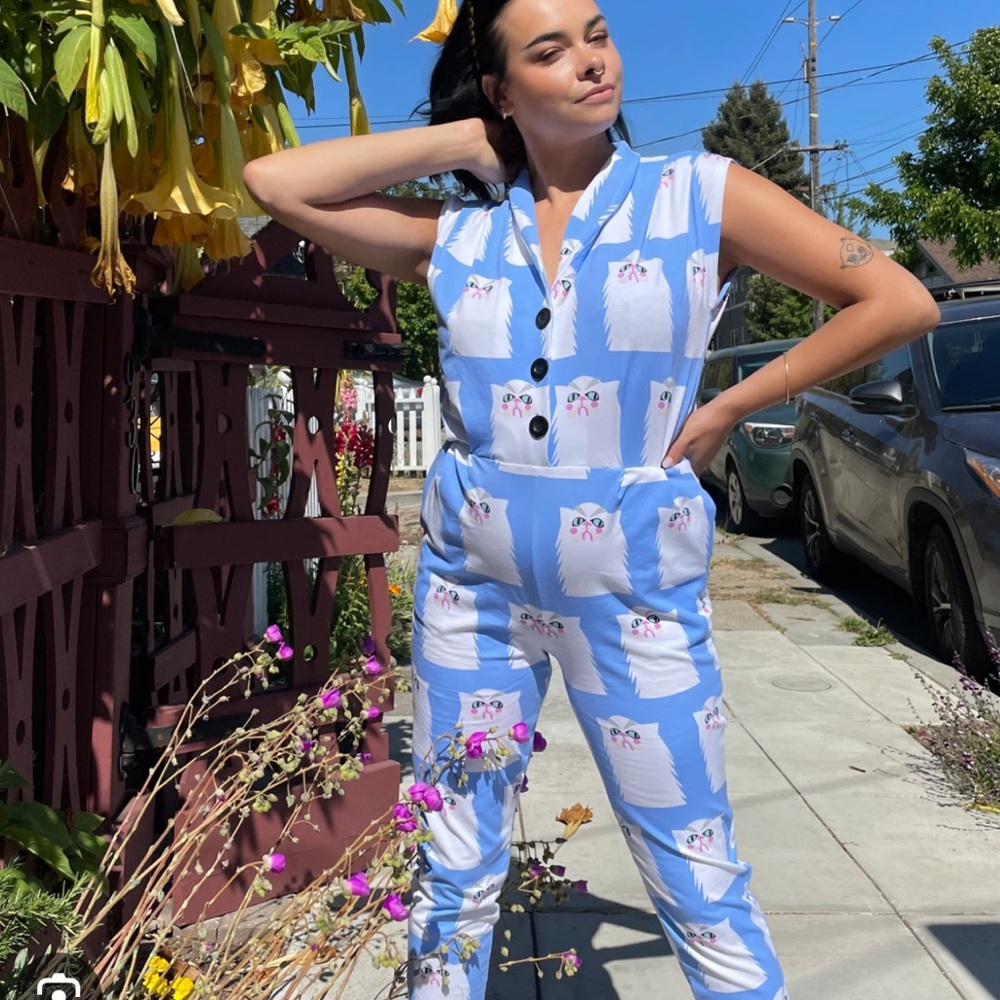 Nooworks Light Blue Cat Print Skinny Jumpsuit grumpy romper overalls